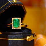 14k Gold 1.12 Ctw Vivid Green Natural Emerald & Diamond Ring