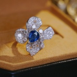 14k Gold 3.00 Ctw Vivid Blue Natural Sapphire & Diamond & Flowers Ring