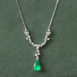 14k Gold 0.86 Ctw Vivid Green Natural Emerald & Diamond Necklace