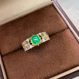 14k Gold 0.67 Ctw Vivid Green Natural Emerald & Diamond Ring