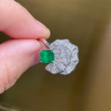 14k Gold 1.03 Ctw Vivid Green Natural Emerald & Diamond Ring