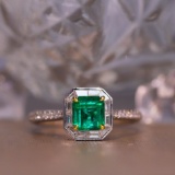 14k Gold 1.34 Ctw Vivid Green Natural Emerald & Diamond Ring