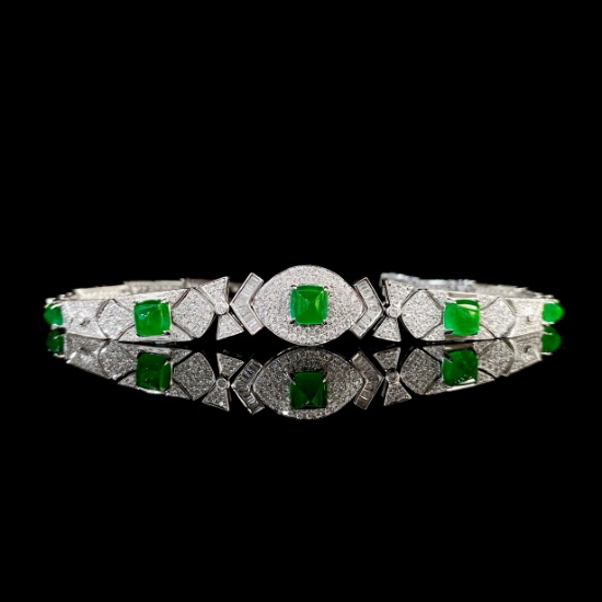 14k Gold 4.5 Ctw Vivid Green Natural Emerald & Diamond Bracelet