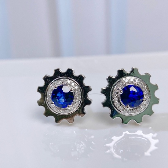 14k Gold 0.93 Ctw Vivid Blue Natural Sapphire & Diamond Earrings