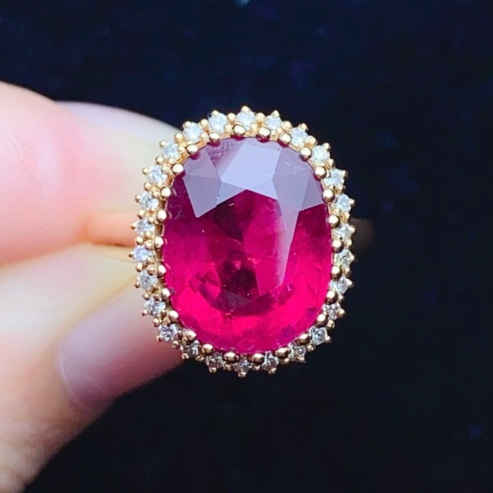 14k Gold 7.01 Ctw Natural Tourmaline & Diamond Ring