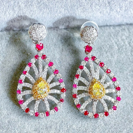14k Gold 1.28 Ctw Natural Yellow Diamond & Diamond Earrings