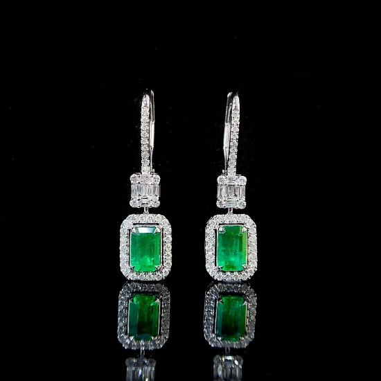 14k Gold 1.34 Ctw Vivid Green Natural Emerald & Diamond Earrings