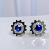 14k Gold 0.93 Ctw Vivid Blue Natural Sapphire & Diamond Earrings