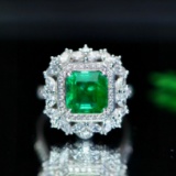 14k Gold 3.52 Ctw Vivid Green Natural Emerald & Diamond Ring