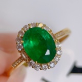 14k Gold 1.4 Ct Vivid Green Natural Emerald & Diamond Ring
