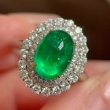 14k Gold 3.71 Ctw Vivid Green Natural Emerald & Diamond Ring