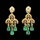 14k Gold 3.71 Ctw Vivid Green Natural Emerald & Diamond Earrings