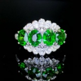 14k Gold 3.32 Ctw Vivid Green Natural Tsavorite & Diamond Ring