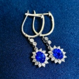 14k Gold 1.34 Ctw Vivid Blue Natural Sapphire & Diamond Earrings
