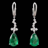 14k Gold 6.92 Ctw Vivid Green Natural Emerald & Diamond Earrings