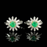 14k Gold 0.52 Ctw Vivid Green Natural Emerald & Diamond Earrings