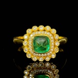 14k Gold 0.70 Ct Vivid Green Natural Emerald & Diamond Ring