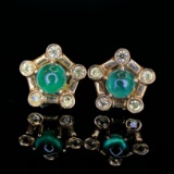 14k Gold 0.70 Ctw Vivid Green Natural Emerald & Diamond Earrings