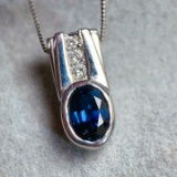 14k Gold 1.88 Ctw Vivid Blue Natural Sapphire & Diamond Pendant