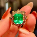 14k Gold 4.26 Ctw Vivid Green Natural Emerald & Diamond Ring