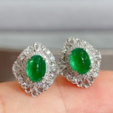 14k Gold 3.38 Ctw Vivid Green Natural Emerald & Diamond Earrings