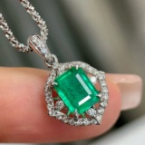 14k Gold 1.20 Ctw Vivid Green Natural Emerald & Diamond Pendant
