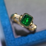 14k Gold 1.06 Ctw Vivid Green Natural Emerald & Diamond Ring