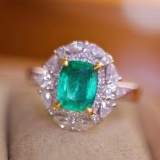 14k Gold 1.24 Ctw Vivid Green Natural Emerald & Diamond Ring