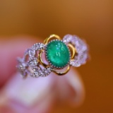 14k Gold 0.77 Ctw Vivid Green Natural Emerald & Diamond Ring