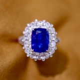 14k Gold 5.66 Ctw Vivid Blue Natural Sapphire & Diamond Ring