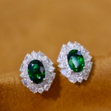14k Gold 2.08 Ctw Vivid Green Natural Tsavorite & Diamond Earrings