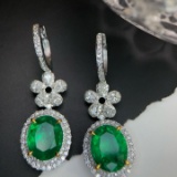 14k Gold 7.97 Ctw Vivid Green Natural Emerald & Diamond Earrings