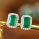 14k Gold 1.40 Ctw Vivid Green Natural Emerald & Diamond Earrings