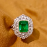 14k Gold 3.11 Ctw Vivid Green Natural Emerald & Diamond Ring