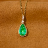 14k Gold 0.83 Ctw Vivid Green Natural Emerald & Diamond Pendant