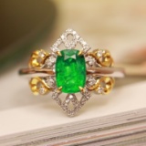 14k Gold 1.03 Ctw Vivid Green Natural Emerald & Diamond Ring