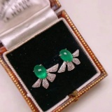 14k Gold 1.83 Ctw Vivid Green Natural Emerald & Diamond Earrings
