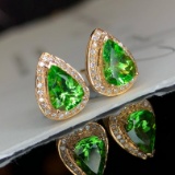 14k Gold 2.19 Ctw Vivid Green Natural Garnet & Diamond Earrings