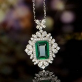 14k Gold 2.59 Ctw Vivid Green Natural Emerald & Diamond Pendant