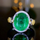 14k Gold 4.88 Ctw Vivid Green Natural Emerald & Diamond Ring