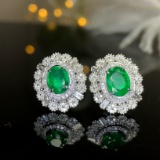 14k Gold 3.64 Ctw Vivid Green Natural Emerald & Diamond Earrings
