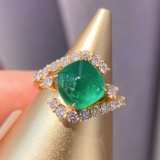 14k Gold 3.10 Ctw Vivid Green Natural Emerald & Diamond Ring