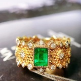 14k Gold 1.04 Ctw Vivid Green Natural Emerald & Diamond Ring