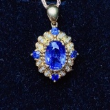 14k Gold 1.49 Ctw Vivid Blue Natural Sapphire & Diamond Pendant