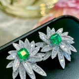 14k Gold 4.1 Ctw Vivid Green Natural Emerald & Diamond Earrings