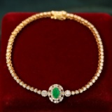 14k Gold 1.75 Ctw Vivid Green Natural Emerald & Diamond Bracelet