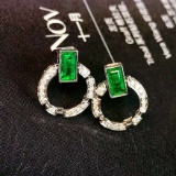 14k Gold 0.60 Ctw Vivid Green Natural Emerald & Diamond Earrings