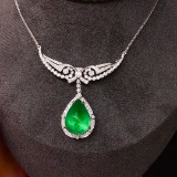 14k Gold 10.36 Ct Vivid Green Natural Emerald & Diamond Necklace