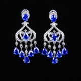 14k Gold 6.05 Ctw Vivid Blue Natural Sapphire & Diamond Earrings