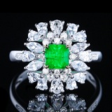 14k Gold 0.76 Ctw Vivid Green Natural Emerald & Diamond Ring